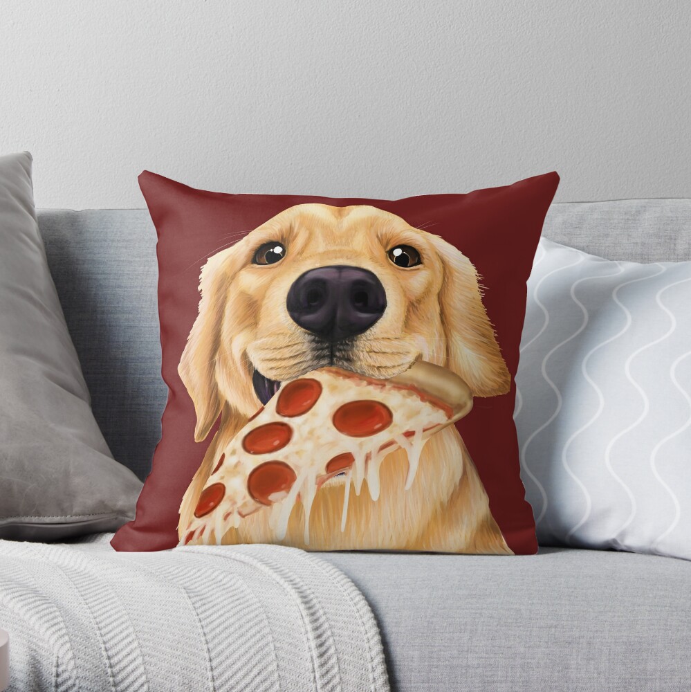 Golden Retriever Eating Pizza Throw Pillow