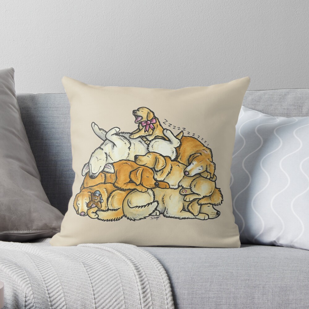 Sleeping Pile Of Golden Retriever Dogs Throw Pillow