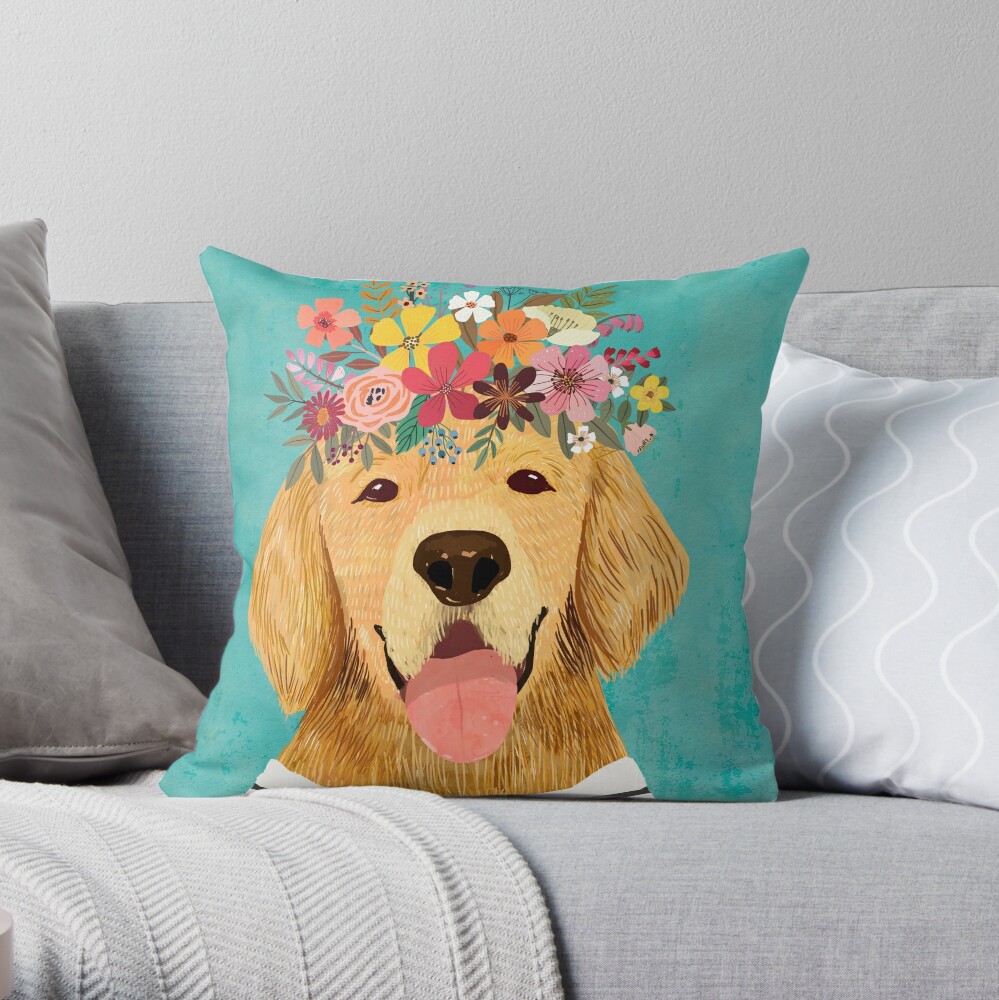 Golden Retriever Dog With Flower Crown Throw Pillow