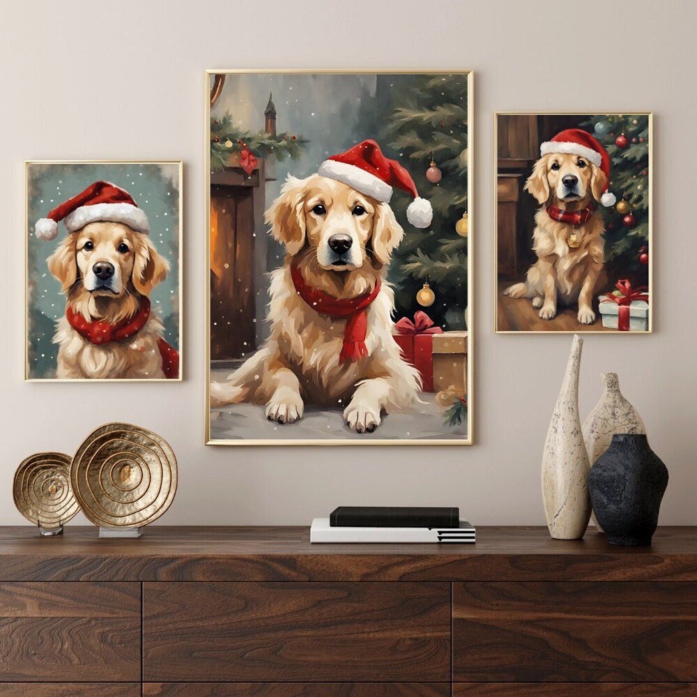 Set of 3 Golden Retriever Christmas Wall Art