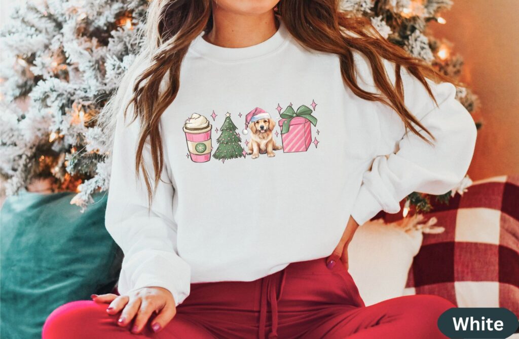 Golden Retriever Pink Coffee Christmas Sweatshirt