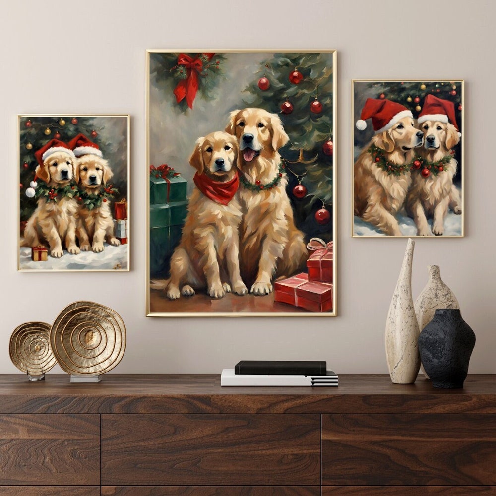 Set of 3 Golden Retriever and Puppies Christmas Wall Art