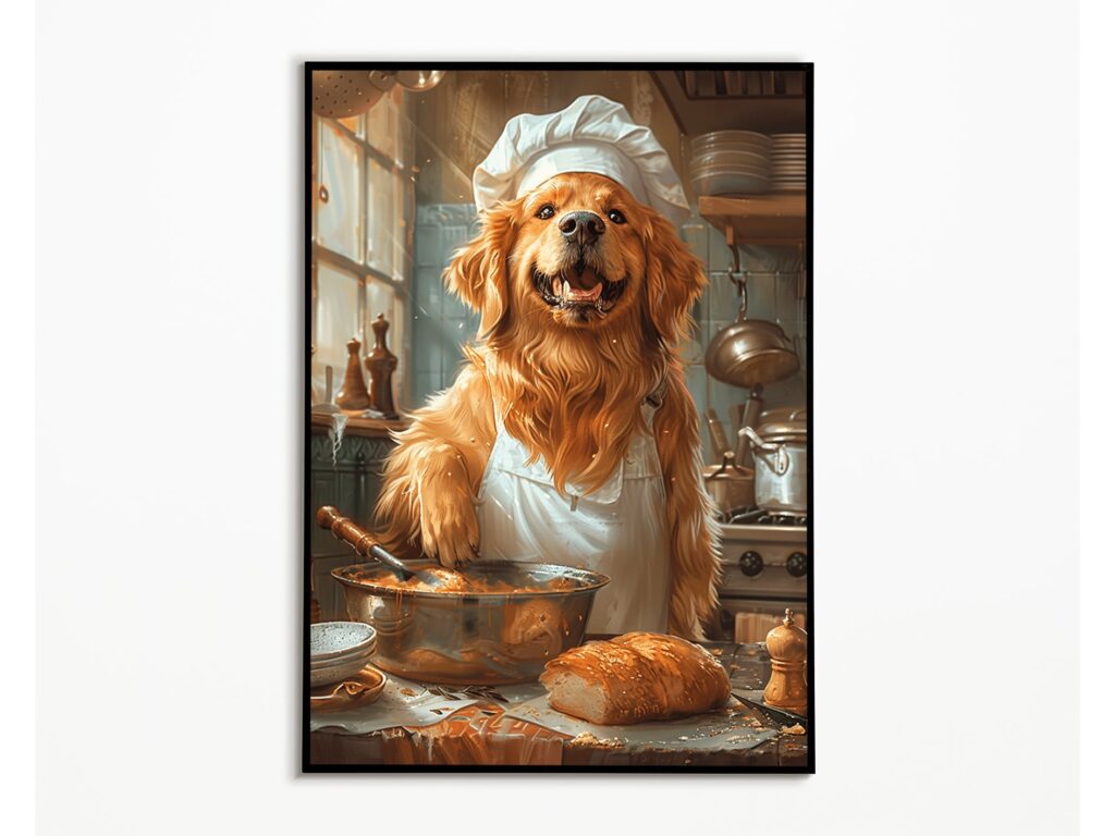 Golden Retriever As A Cook In Kitchen Wall Art